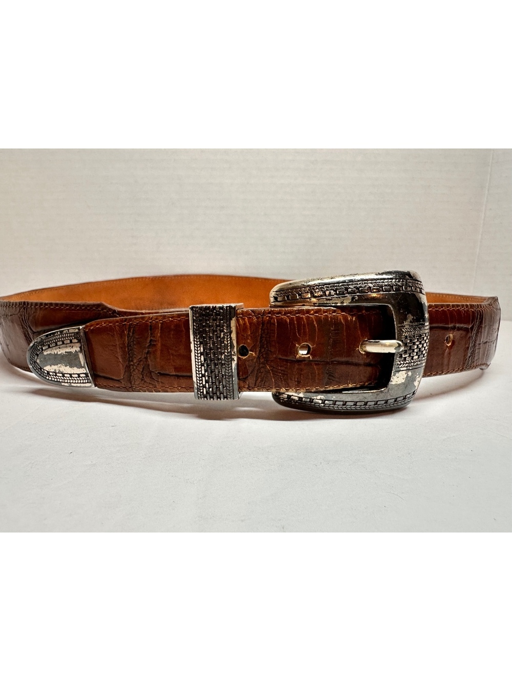 VTG 90s Onyx Brighton Alligator/ Crocodile Embossed Belt Silver-tone Details